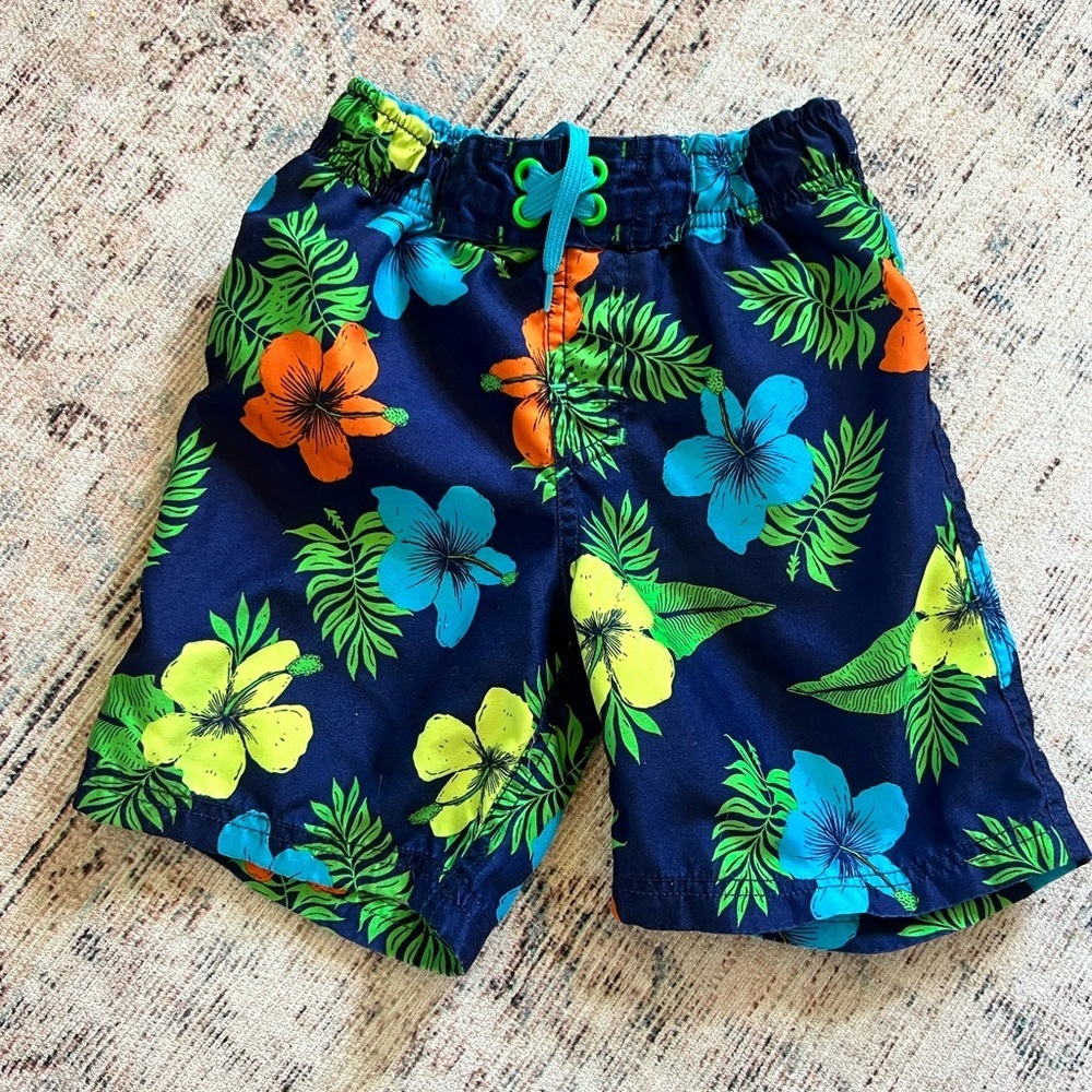 Cherokee Blue and Yellow Swim Trunks Vibrant Floral Design